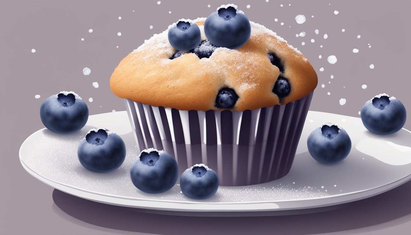 A blueberry muffin sitting on a plate, surrounded by scattered blueberries and a dusting of powdered sugar