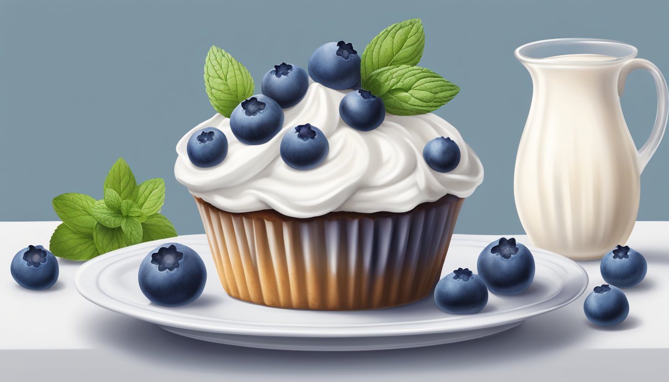 A blueberry muffin with a dollop of whipped cream on top, surrounded by fresh blueberries and a sprig of mint, sitting on a white porcelain plate