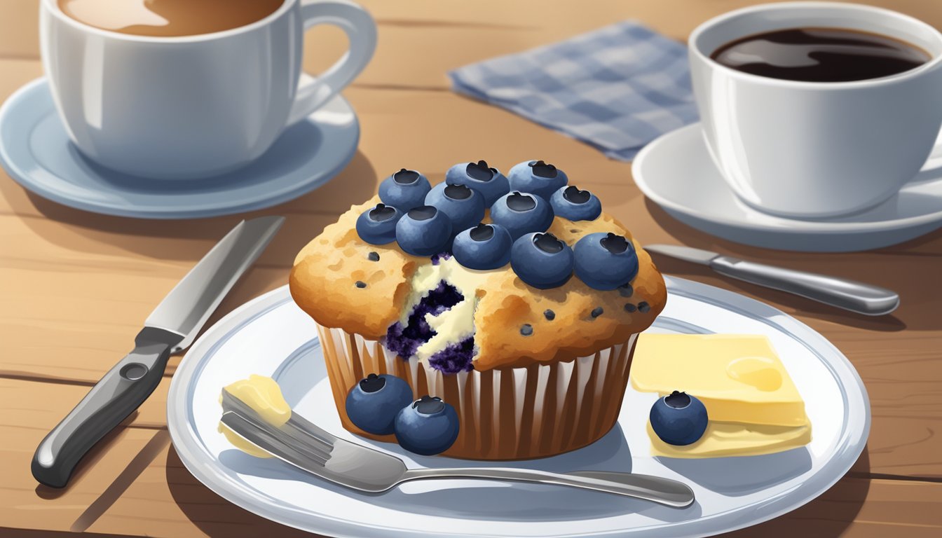 A blueberry muffin on a white plate, with a knife and a dollop of butter, next to a steaming cup of coffee on a wooden table