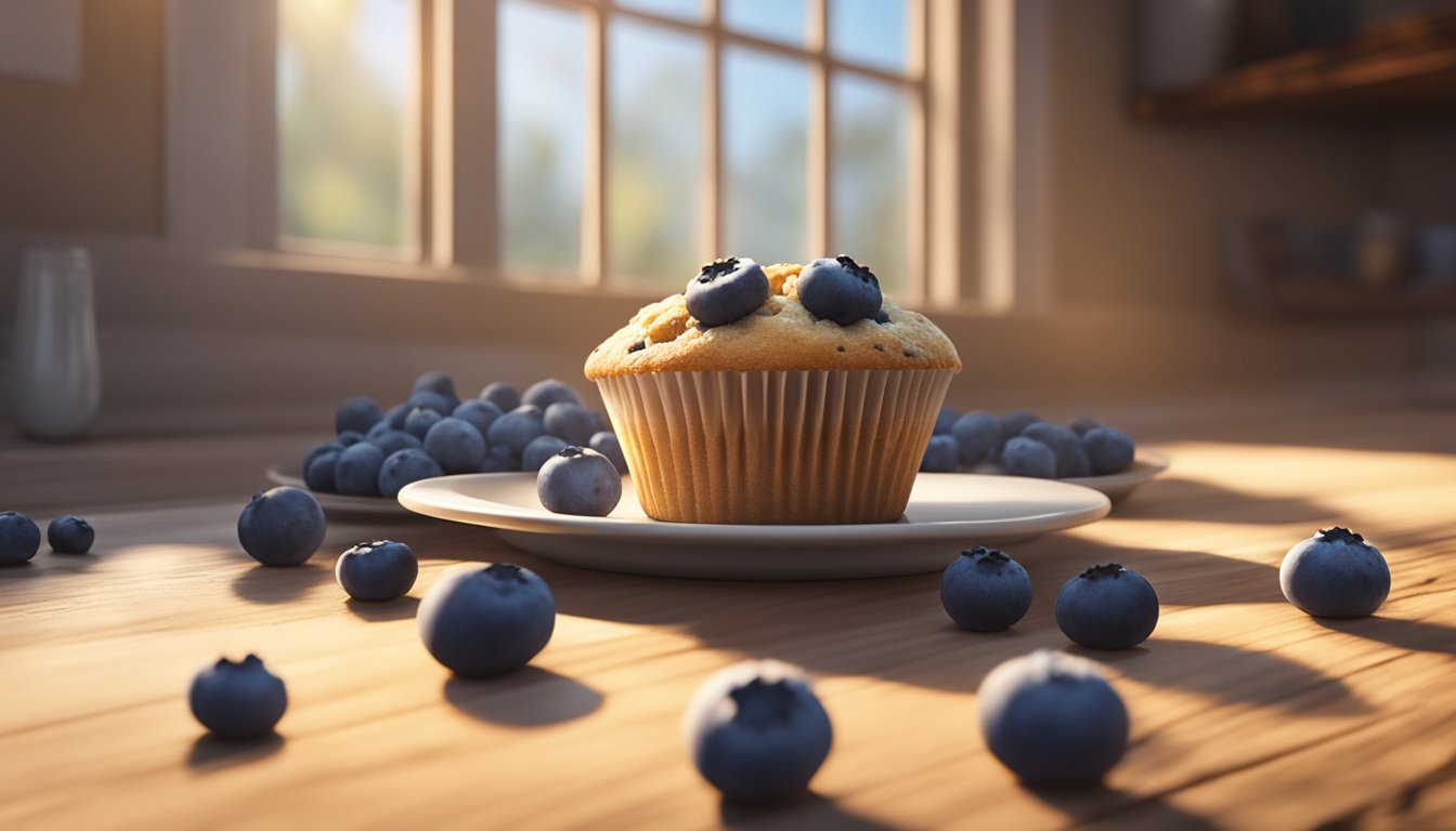 A blueberry muffin sits on a rustic wooden table, surrounded by scattered crumbs and a few fresh blueberries. Sunlight streams through a nearby window, casting a warm glow over the scene