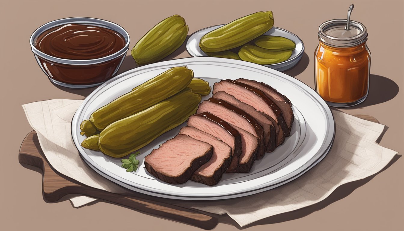 A plate with sliced brisket, a side of pickles, and a dollop of BBQ sauce