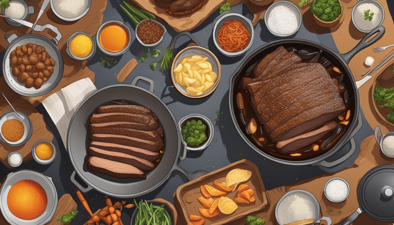 A large brisket sizzling over an open flame, surrounded by pots and pans with various ingredients and utensils