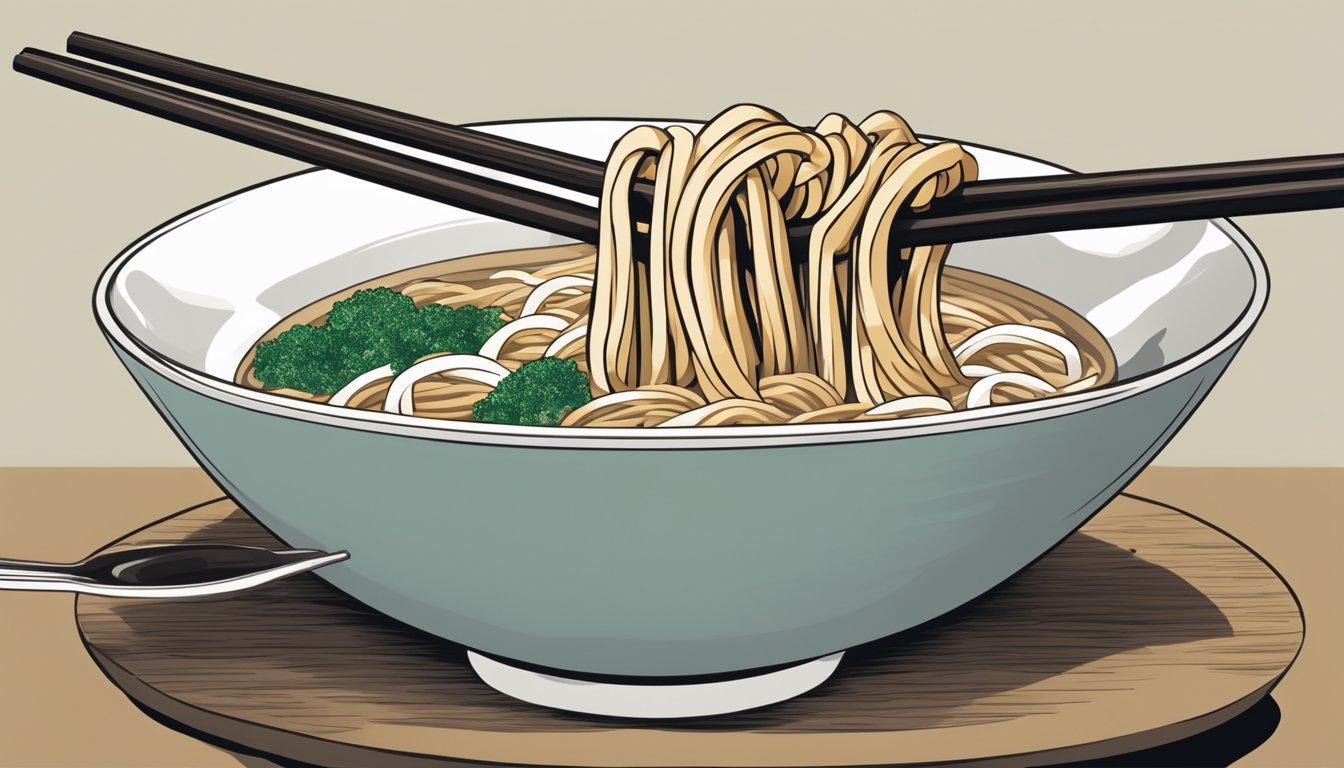 A pair of chopsticks hovers over a steaming bowl of udon soup, ready to grasp the thick, chewy noodles and bring them to the mouth