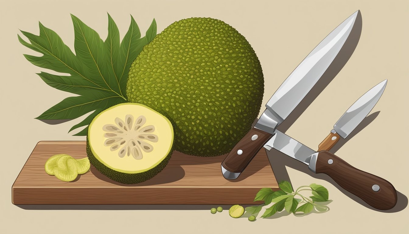 A whole breadfruit on a wooden cutting board, surrounded by a knife, cutting board, and various ingredients for serving and pairing