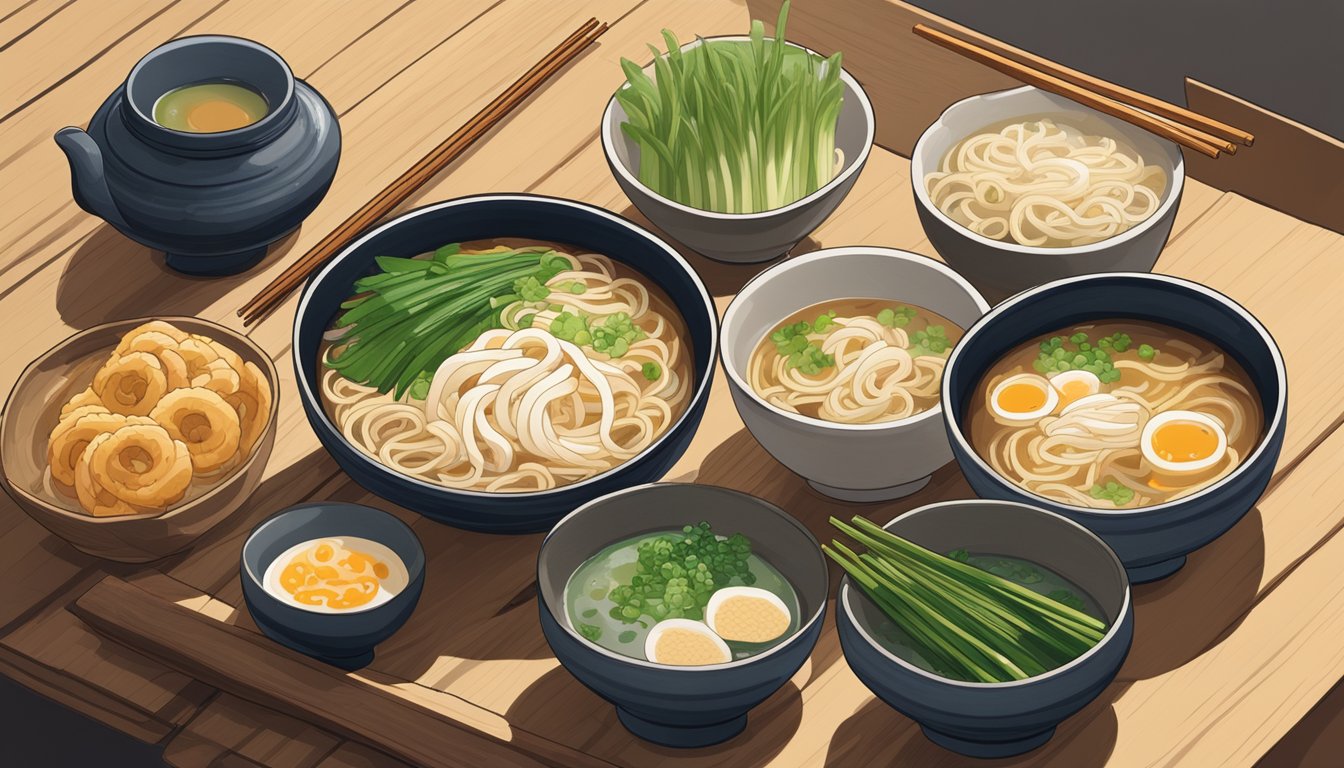 A steaming bowl of udon soup sits on a wooden table, surrounded by small dishes of sliced green onions, tempura, and a small cup of dashi broth