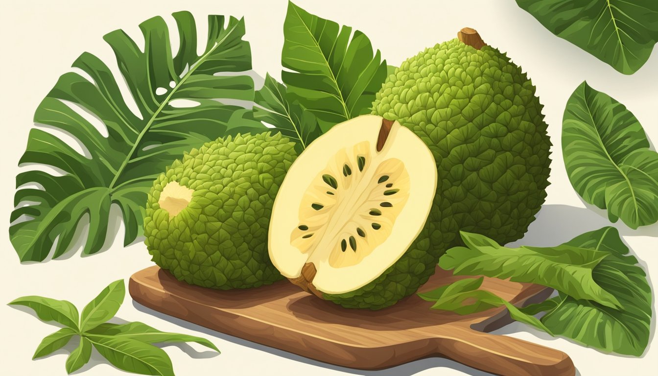 A breadfruit split open, revealing creamy flesh, surrounded by lush green leaves and a wooden cutting board