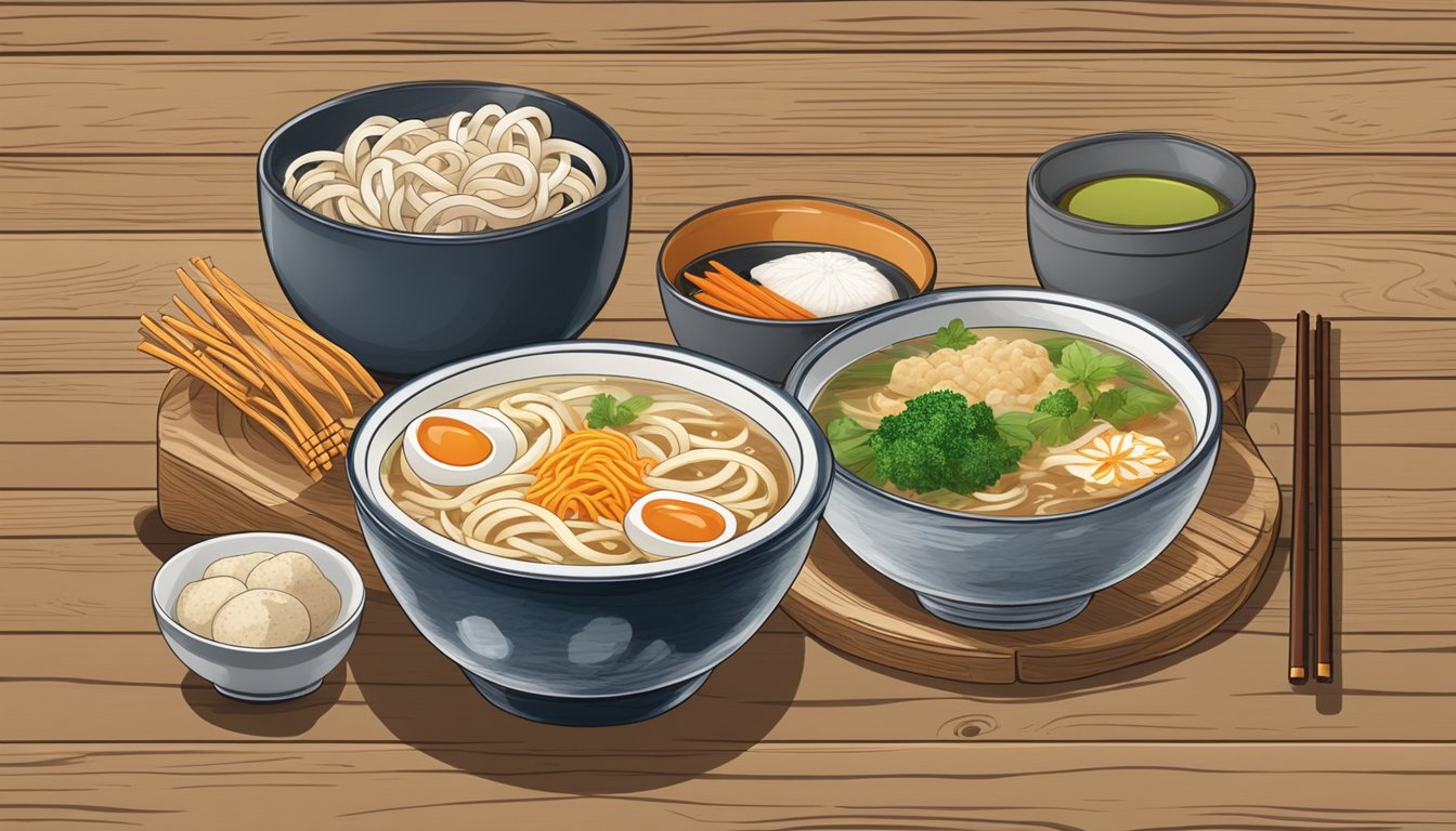 A steaming bowl of udon soup with assorted seasonings on a rustic wooden table