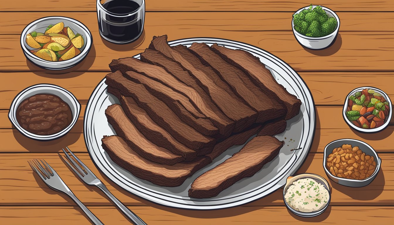 A platter of brisket with various sides arranged around it on a wooden table. A fork and knife sit beside the plate