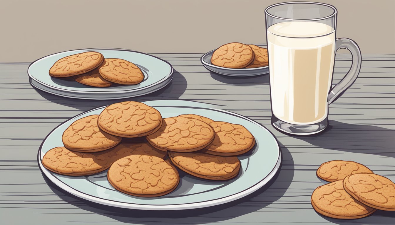 A plate of gingersnap cookies arranged in a circle, with a glass of milk nearby. A few crumbs scattered on the table