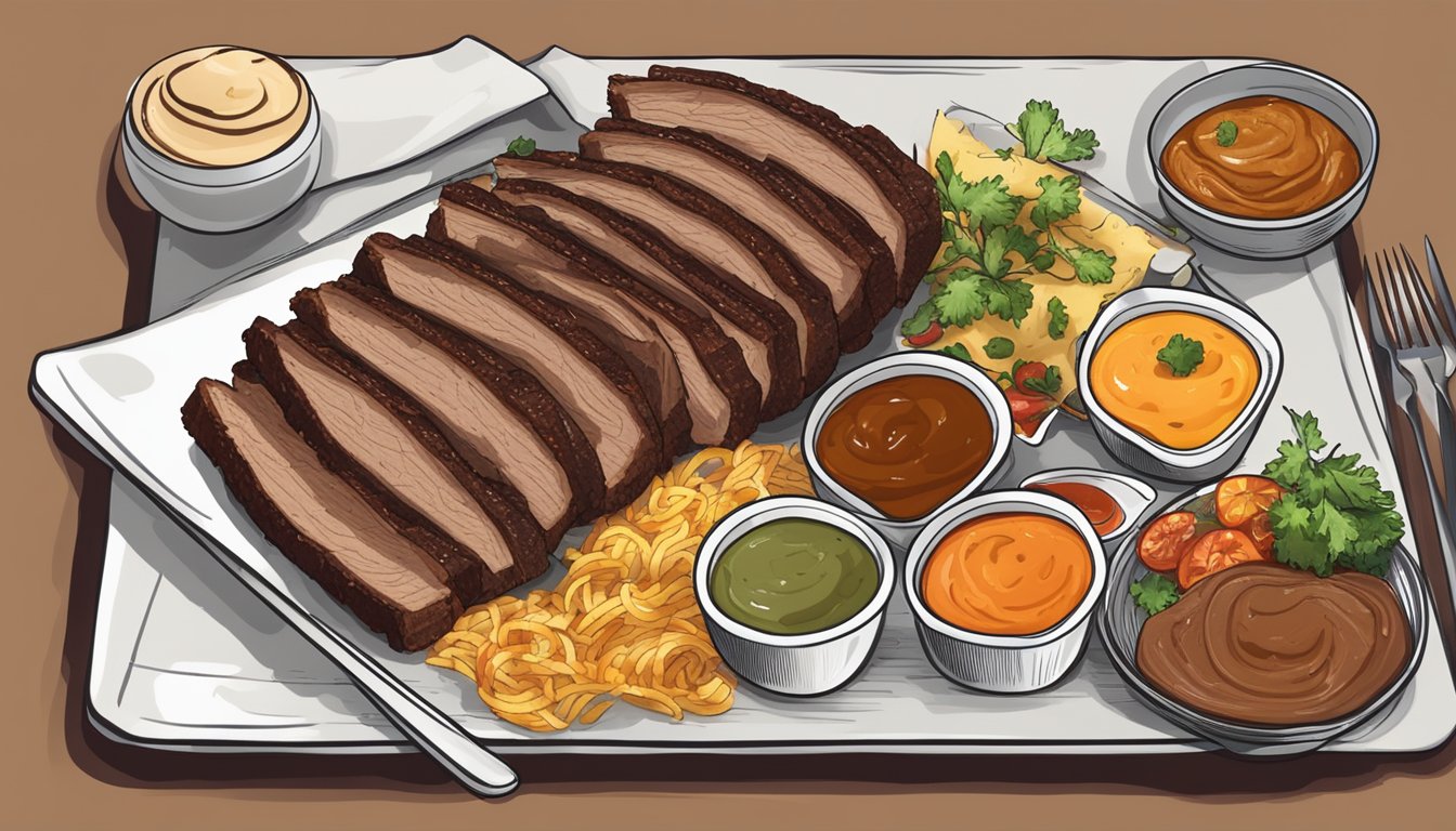 A plate with sliced brisket topped with various sauces and toppings, surrounded by utensils and napkins