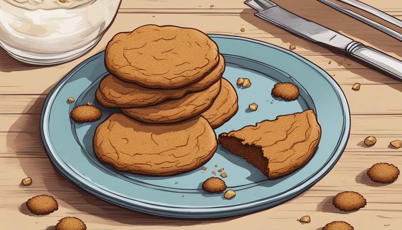 A ginger snap cookie sits on a plate, surrounded by crumbs. A bite has been taken out of it, revealing a crumbly interior