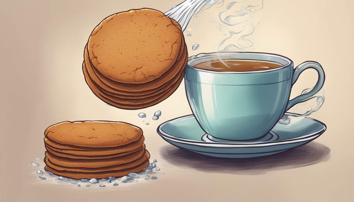 A ginger snap cookie being dunked into a steaming cup of tea