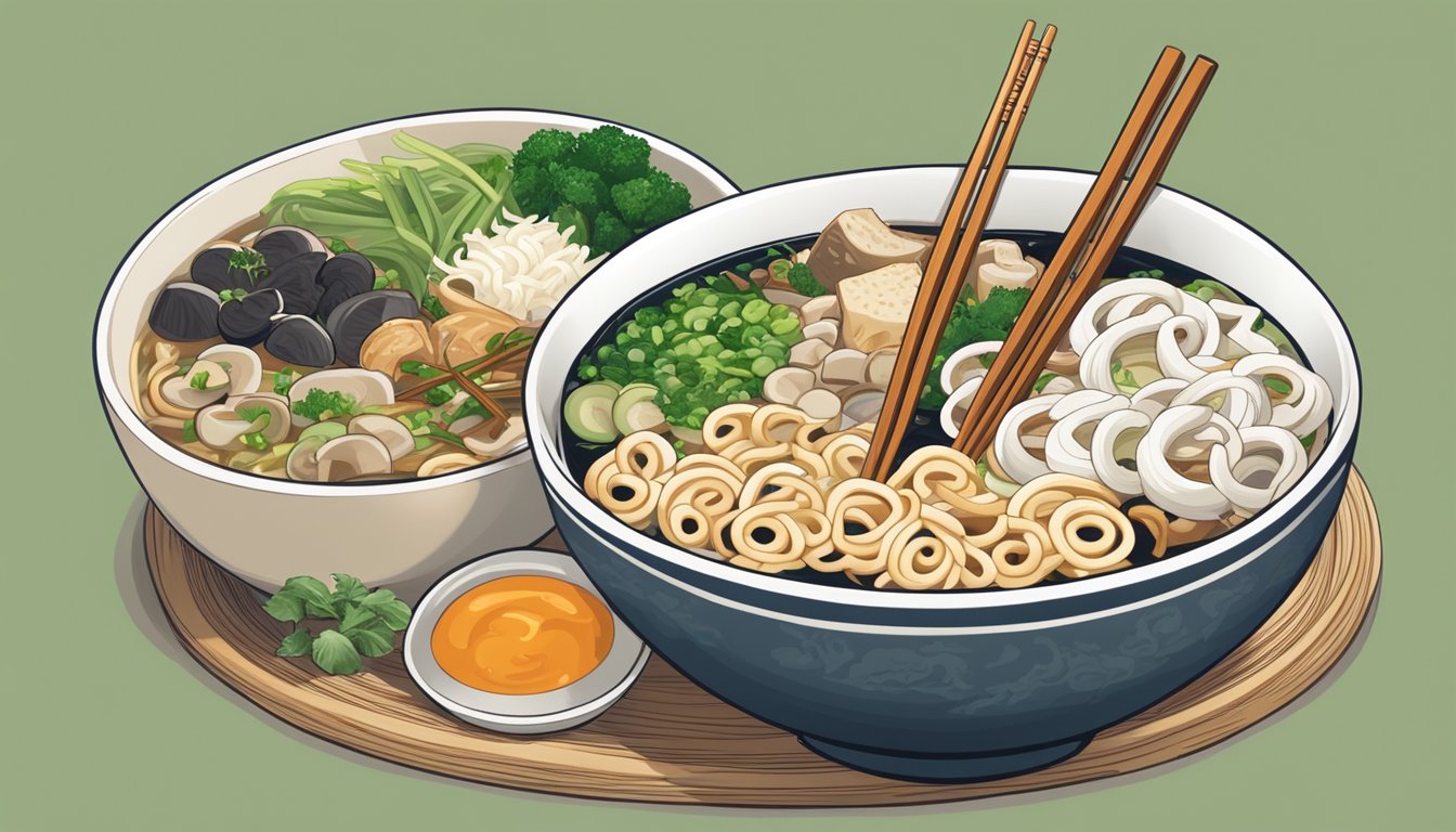 A steaming bowl of udon soup with chopsticks resting on the side, surrounded by a variety of fresh ingredients like tofu, scallions, and mushrooms