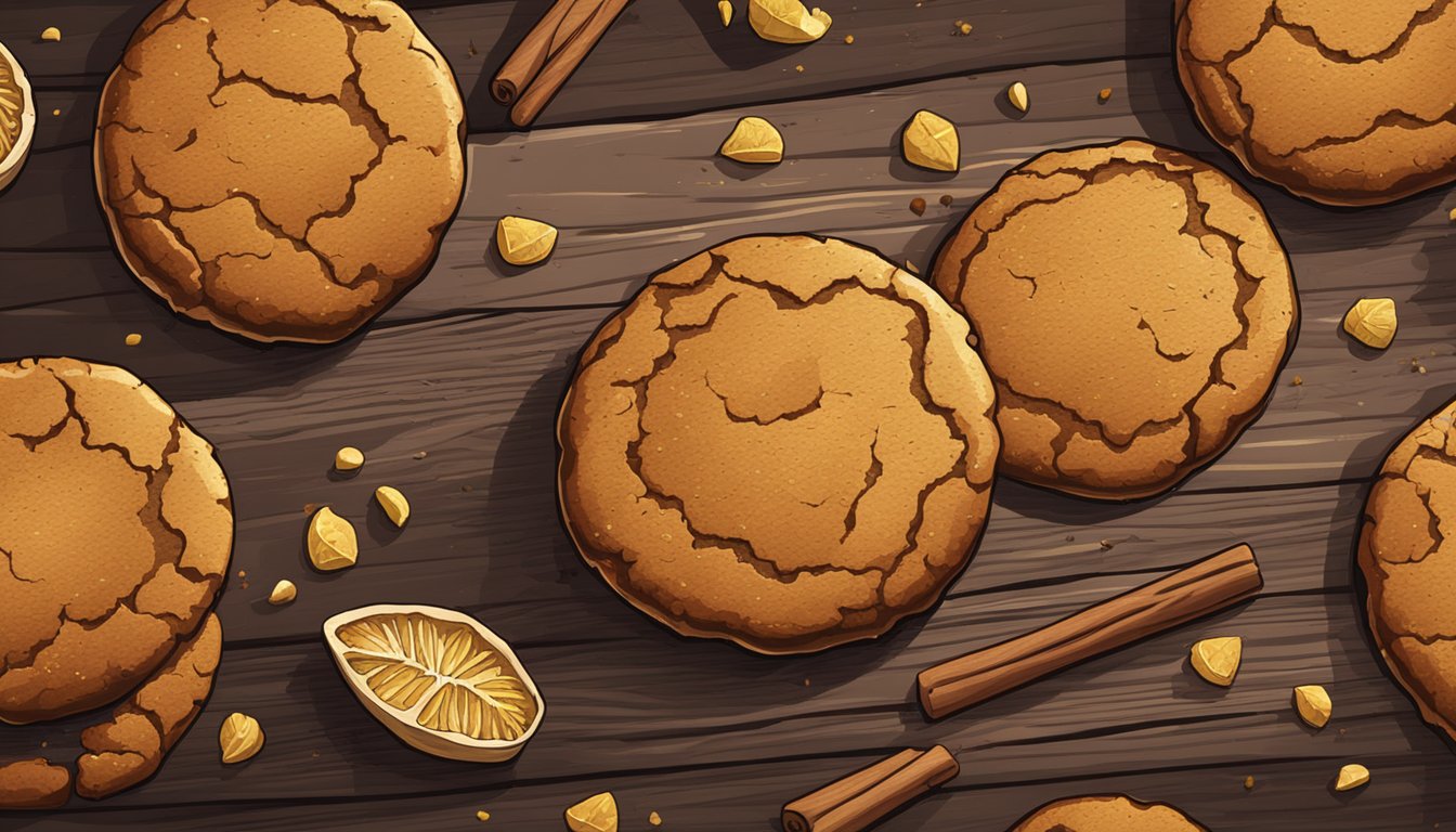 A ginger snap cookie sits on a rustic wooden table, surrounded by scattered crumbs and a few whole spices. The cookie's surface is cracked and textured, with a golden brown color