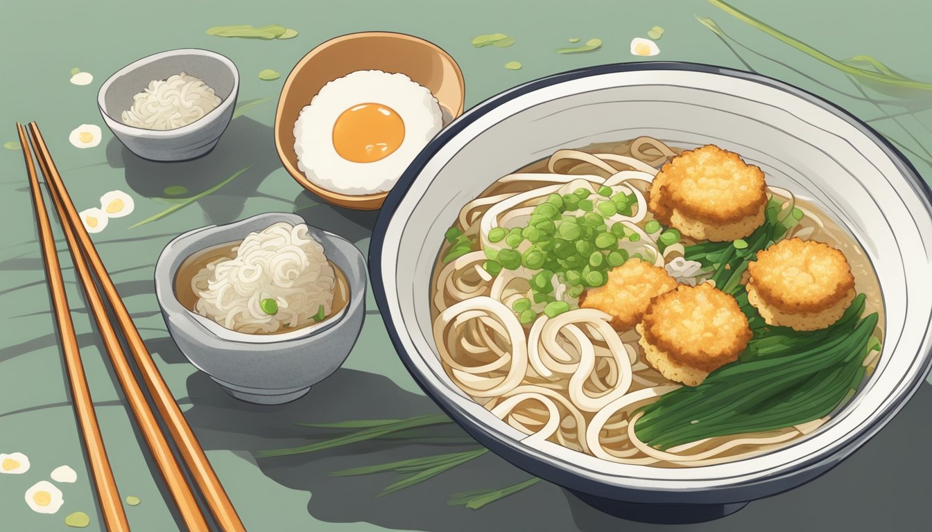 A steaming bowl of udon soup topped with green onions, fish cakes, and tempura flakes, with chopsticks resting on the side