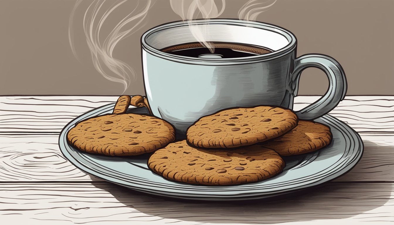 A ginger snap cookie sits on a vintage saucer next to a steaming cup of black coffee on a rustic wooden table