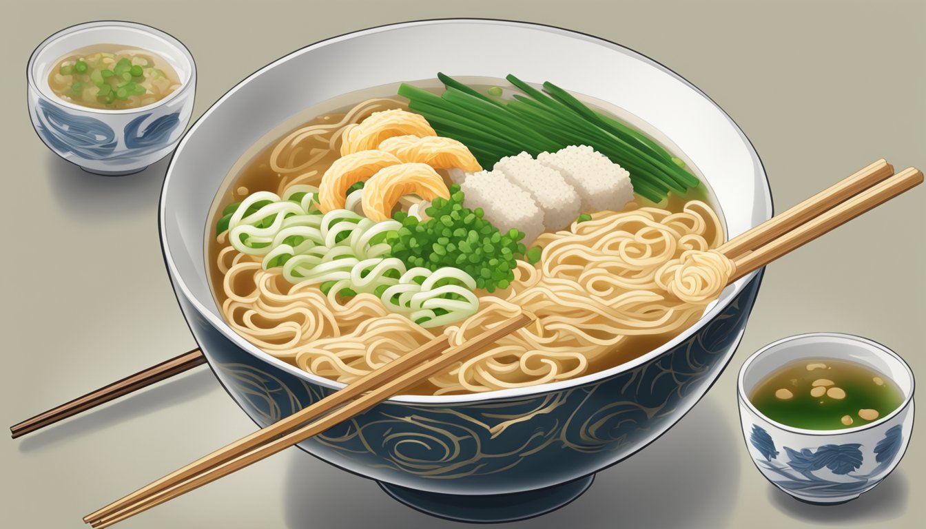 A pair of chopsticks hovers over a steaming bowl of udon soup, with green onions and tempura floating on the surface