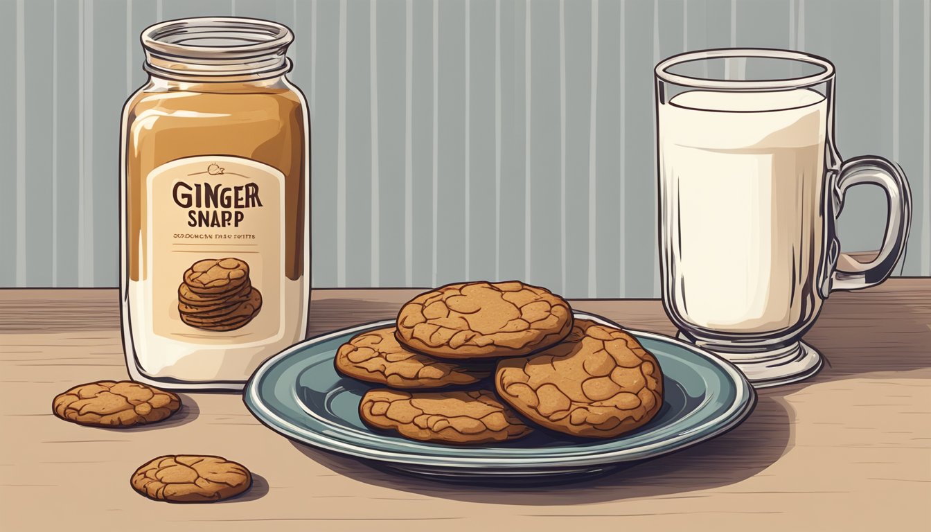 A ginger snap cookie sits on a vintage plate next to a glass of milk. A small stack of cookies is stored in a glass jar with a metal lid