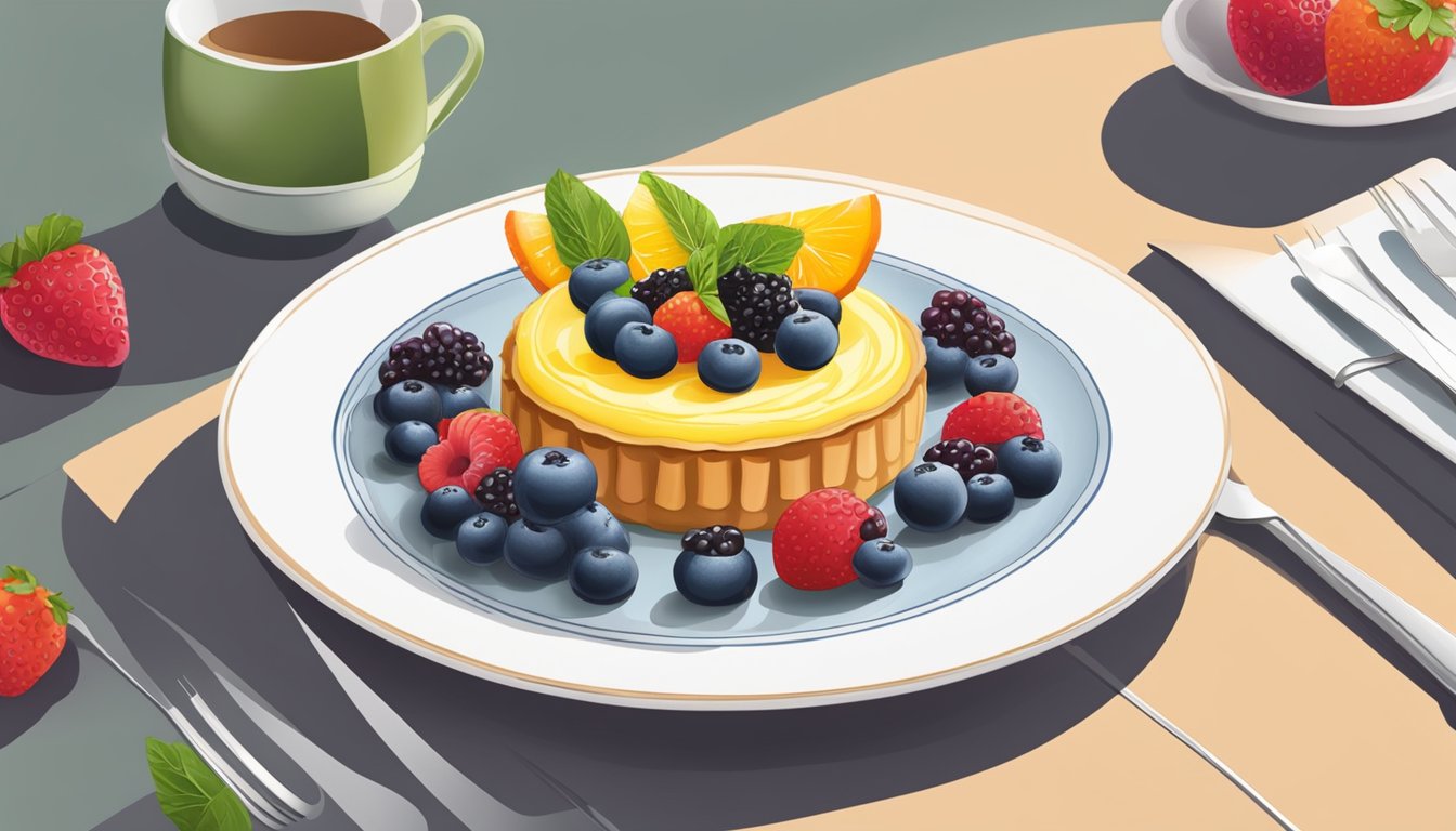 A fruit tart on a plate with a fork cutting into it