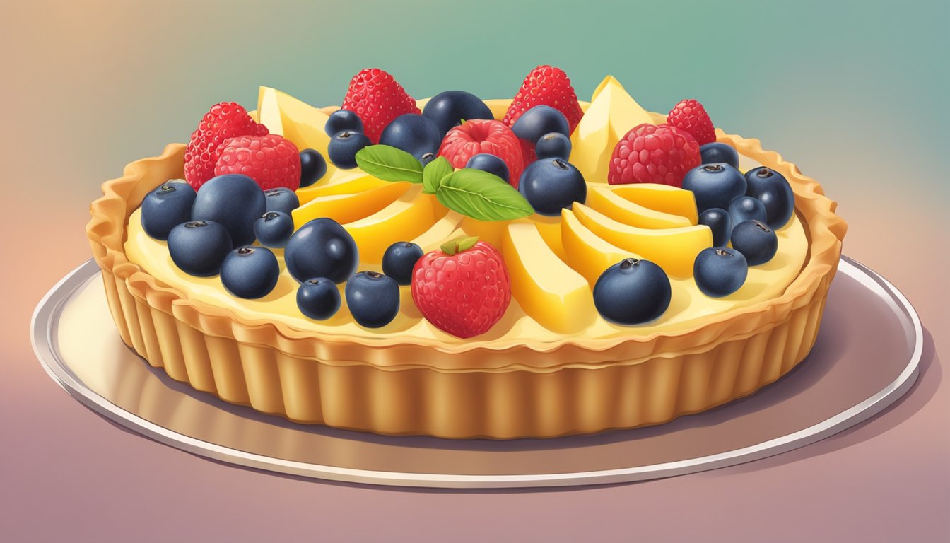 A fruit tart being carefully assembled with layers of pastry, custard, and fresh fruit on top