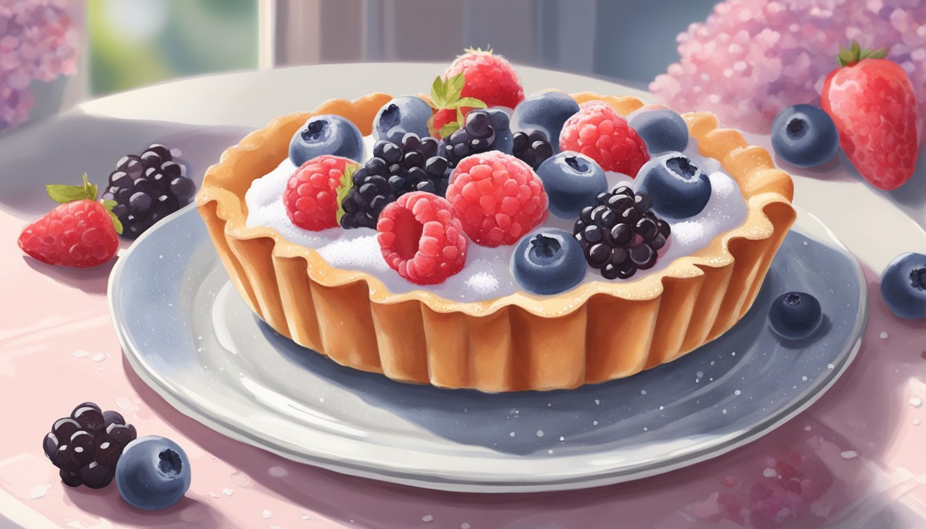 A fruit tart sits on a delicate porcelain plate, surrounded by a scattering of fresh berries and a dusting of powdered sugar