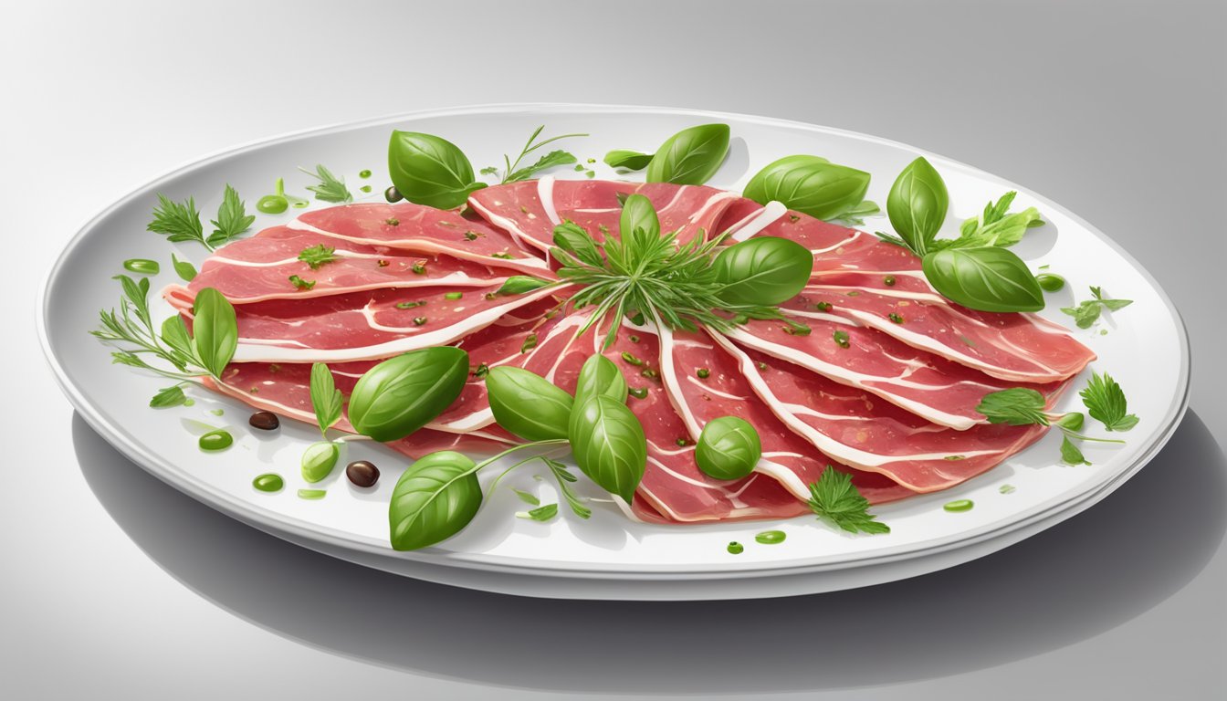 A plate of beef carpaccio surrounded by fresh herbs and drizzled with olive oil, served on a white porcelain dish