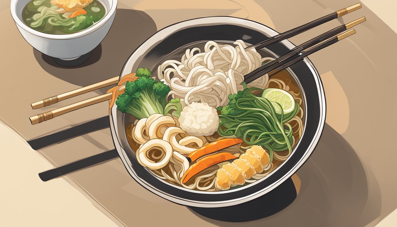 A pair of chopsticks hovers over a steaming bowl of udon soup, with a side dish of pickled ginger and a small plate of tempura vegetables