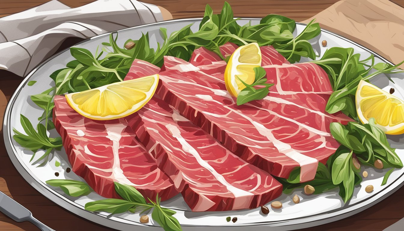 Thin slices of raw beef arranged on a plate with capers, arugula, and shaved parmesan. Drizzled with olive oil and lemon juice