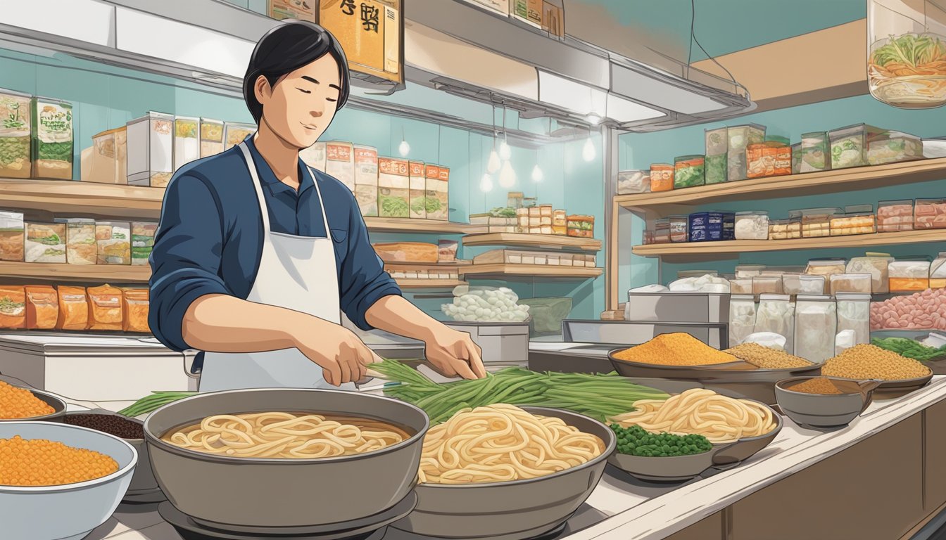 A person standing in front of a variety of udon ingredients at a grocery store, with a big pot of udon soup simmering on the stove