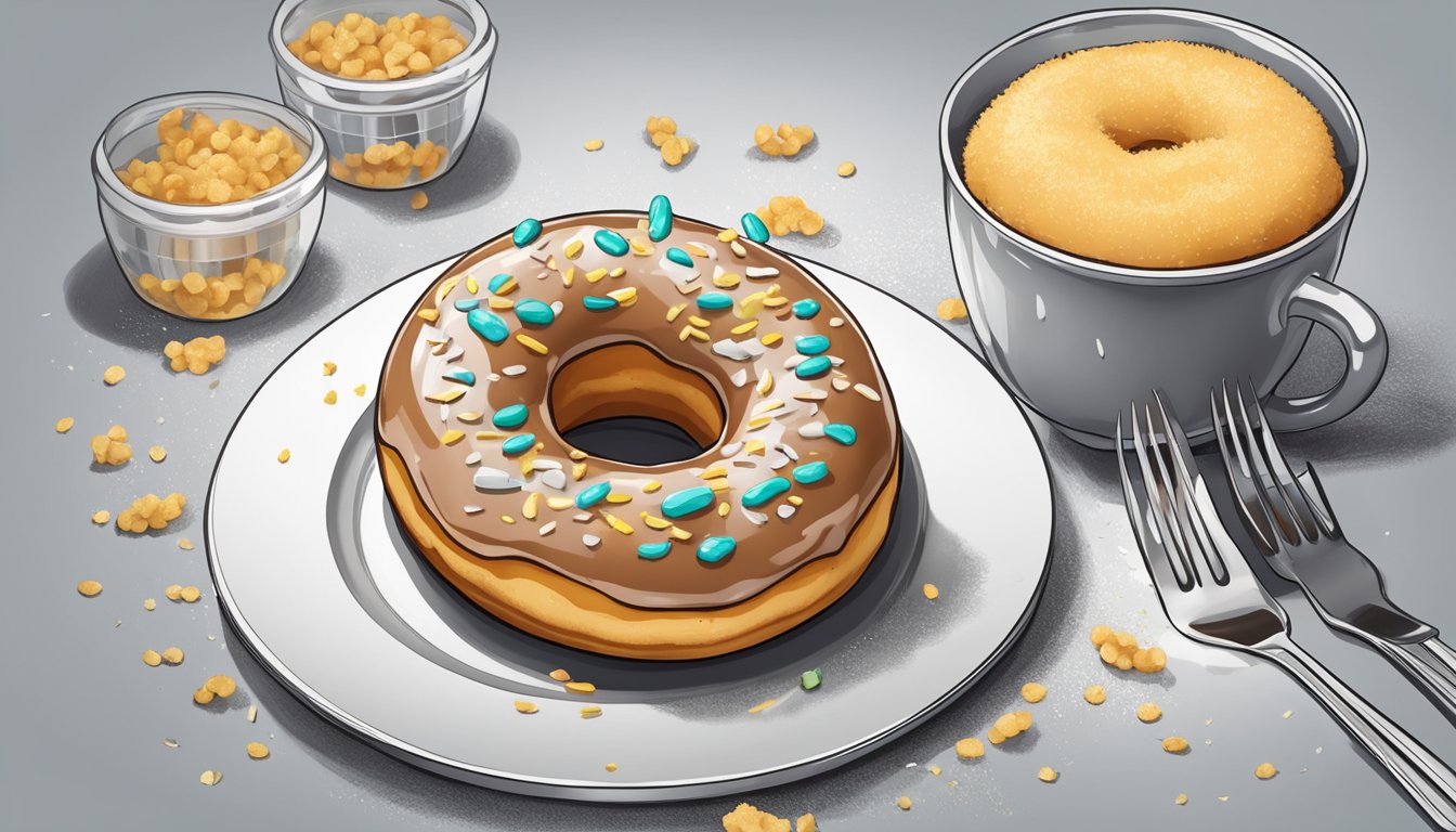 A glazed donut sits on a white plate, surrounded by crumbs. A fork rests beside it, ready to be used