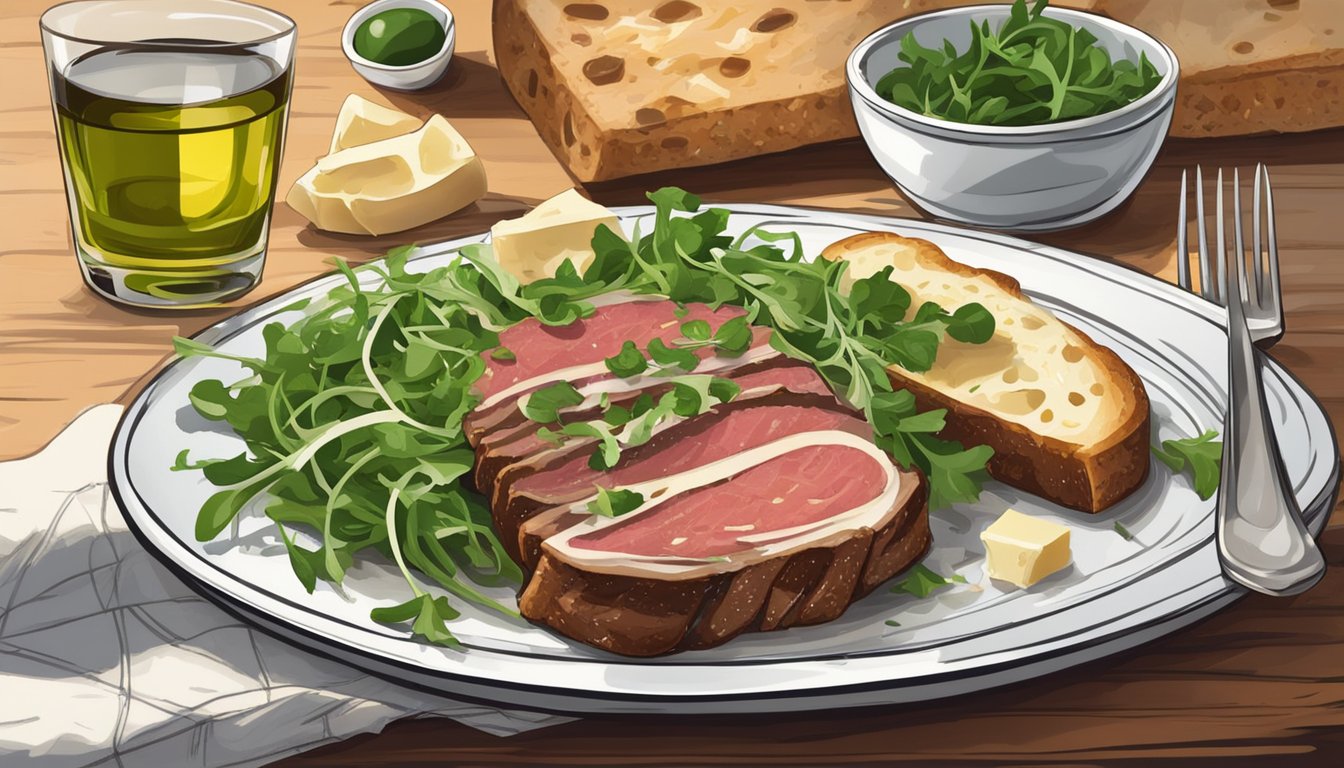 A plate with thinly sliced beef, drizzled with olive oil, topped with arugula and shaved parmesan, served with crusty bread