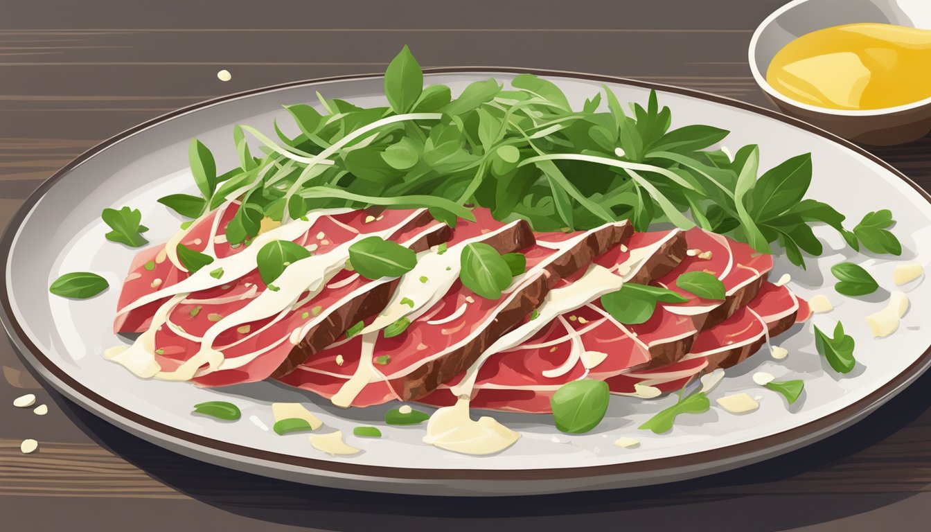 A plate of beef carpaccio with a drizzle of olive oil, topped with shaved Parmesan cheese and garnished with fresh arugula leaves