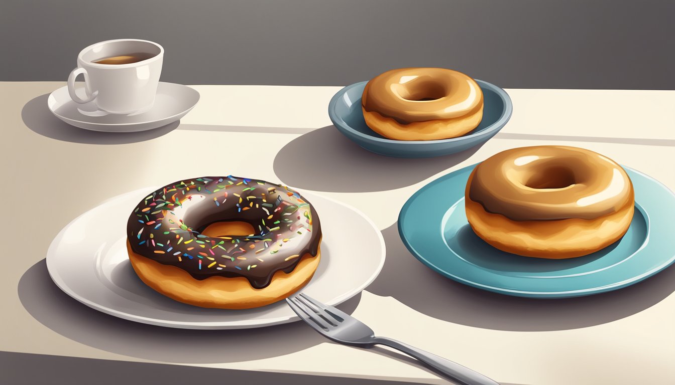 A glazed donut sits on a white plate, a golden brown and shiny glaze covering its surface. A fork and knife rest beside it, ready for consumption