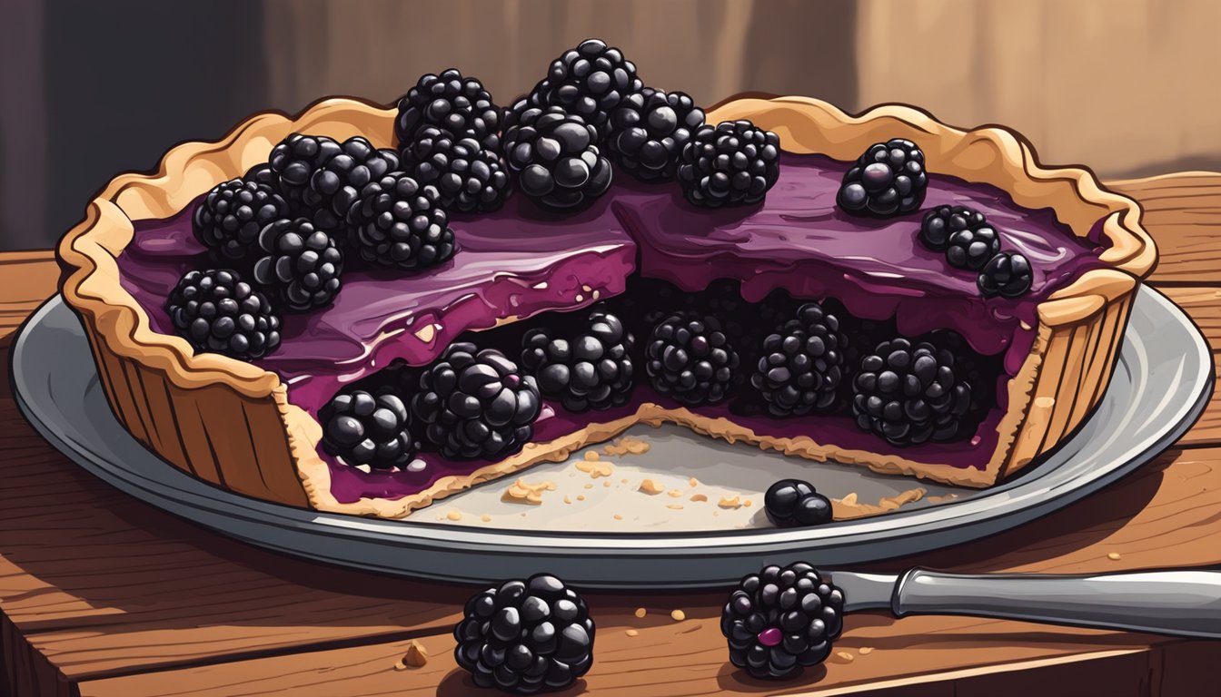 A blackberry pie sits on a rustic wooden table, surrounded by fresh blackberries and a rolling pin. A slice is missing, revealing the juicy, dark filling inside