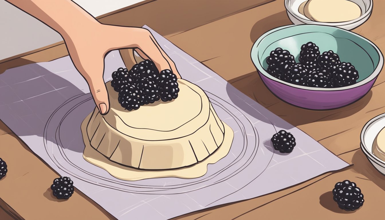 A hand rolling out pie dough on a floured surface, with a bowl of blackberries nearby and a pie dish in the background