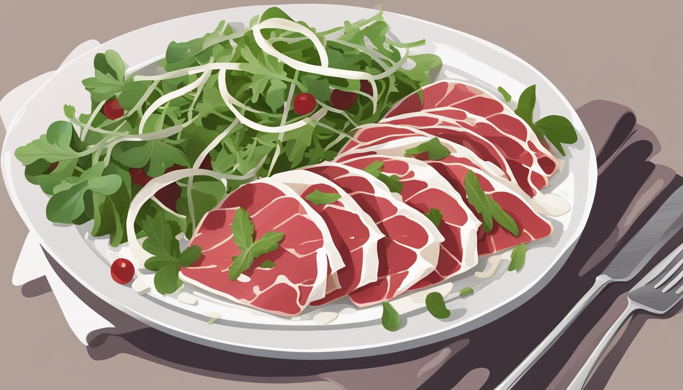 A plate of thinly sliced beef carpaccio with a drizzle of olive oil, topped with arugula and shaved parmesan, accompanied by a glass of red wine