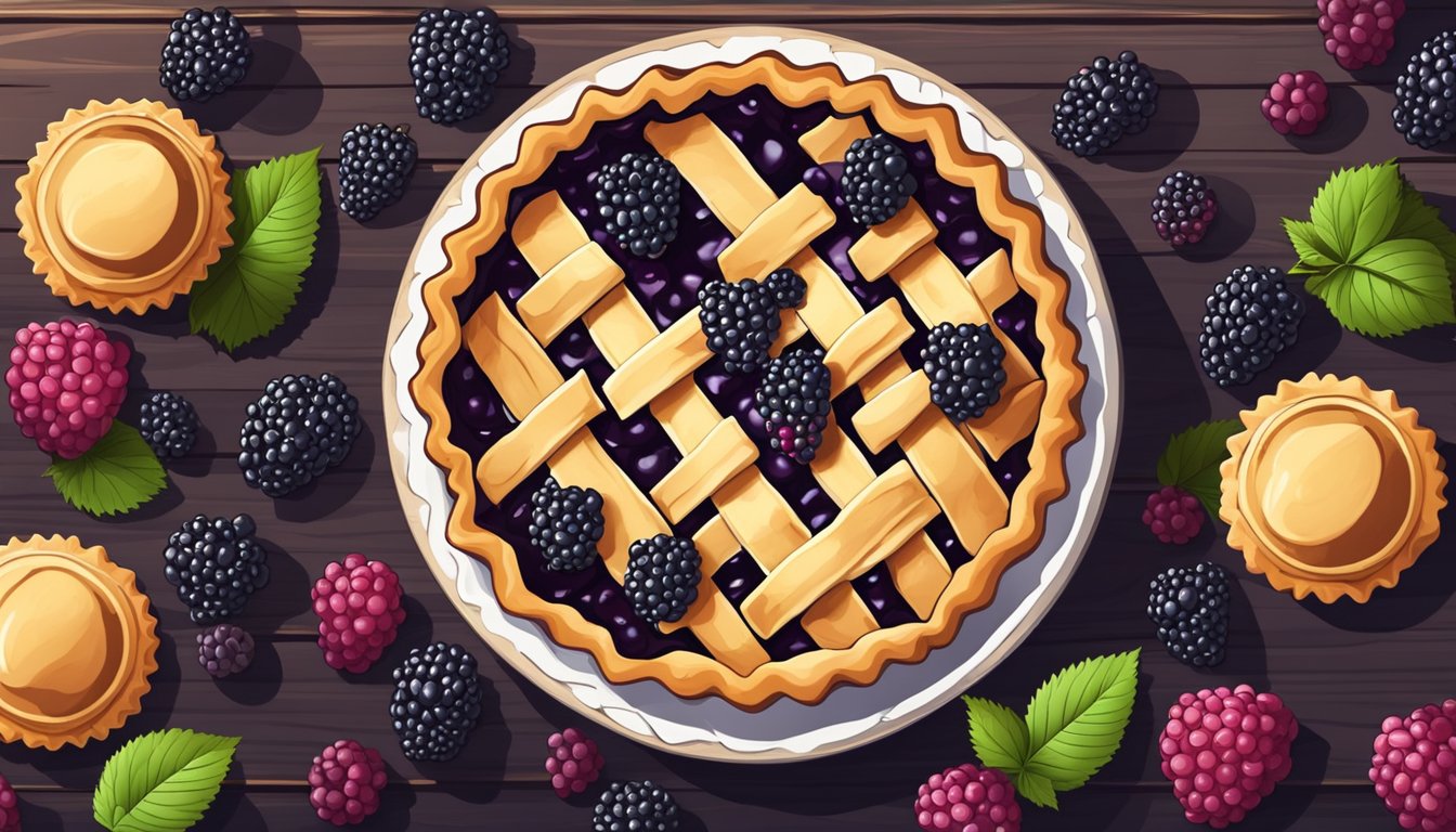 A blackberry pie with a lattice crust sits on a rustic wooden table, surrounded by fresh blackberries and a scattering of sugar