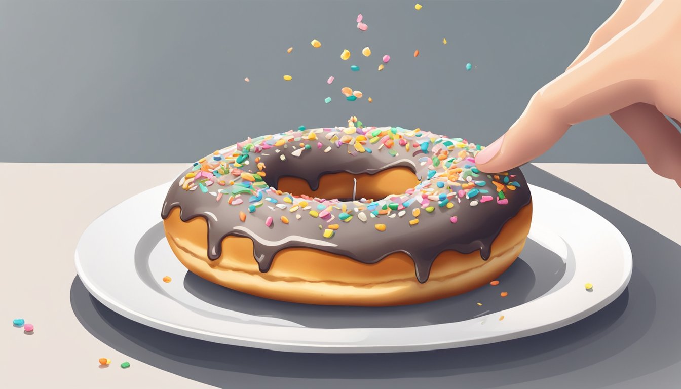 A glazed donut sits on a white plate, surrounded by crumbs. A hand reaches for it, about to take a bite