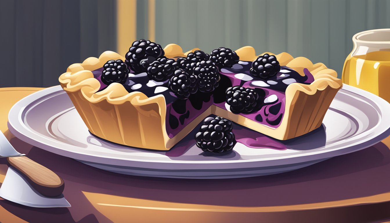 A blackberry pie being sliced and served on a plate