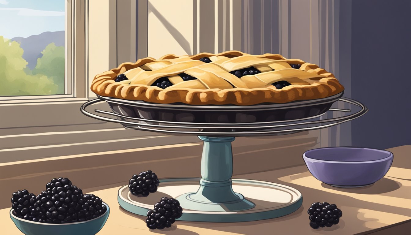 A blackberry pie sits on a windowsill, steam rising from the golden crust. A cooling rack nearby holds freshly baked pies