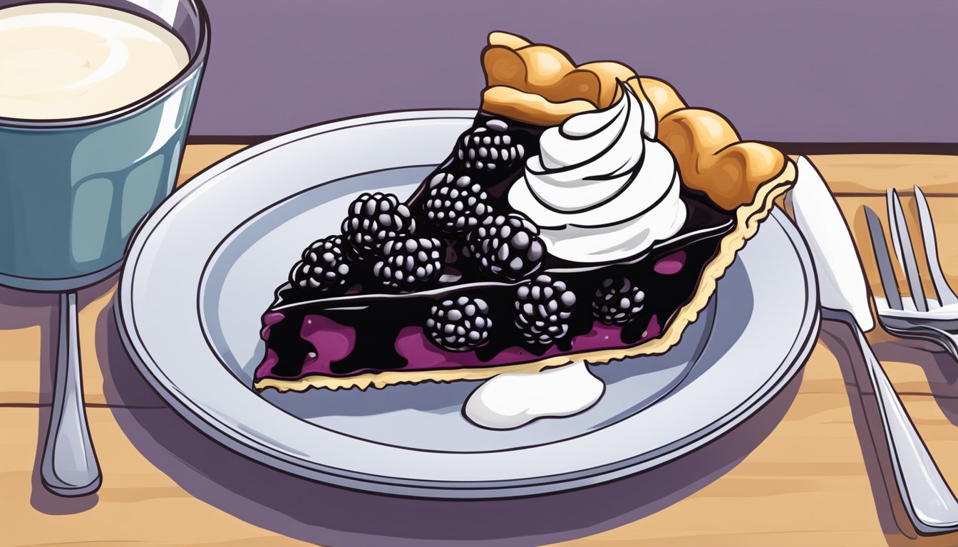 A slice of blackberry pie on a plate with a fork beside it. A dollop of whipped cream on top. A glass of milk next to the plate