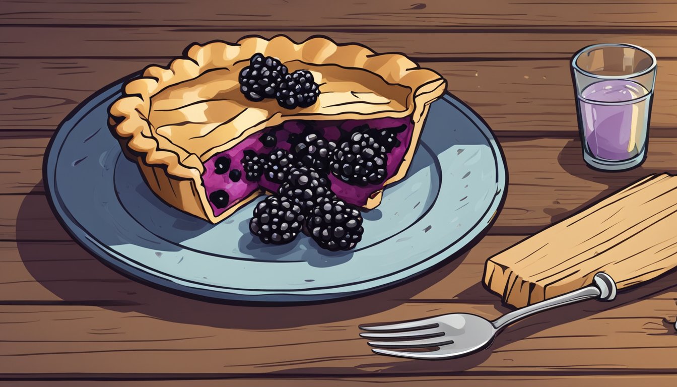 A blackberry pie sits on a rustic wooden table, with a slice missing. A fork rests on a plate next to the pie, crumbles scattered around