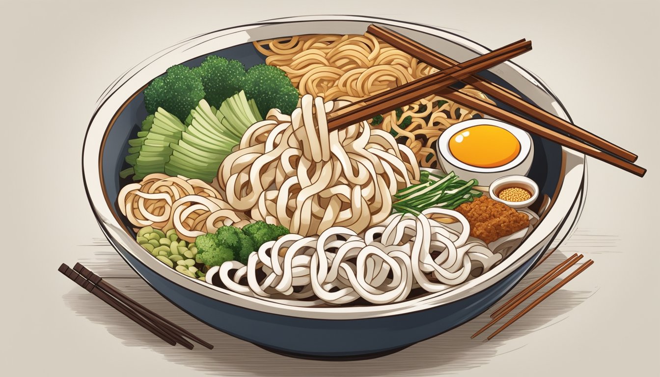 A steaming bowl of udon noodles surrounded by various toppings and condiments, with chopsticks resting on the side