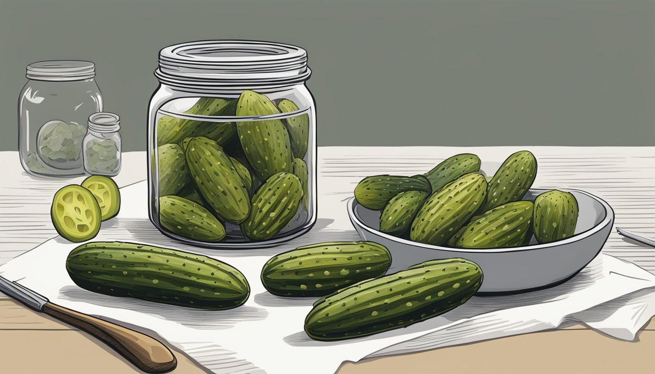 A hand holding a gherkin, poised to take a bite. A jar of gherkins sits nearby, with a few scattered on the table