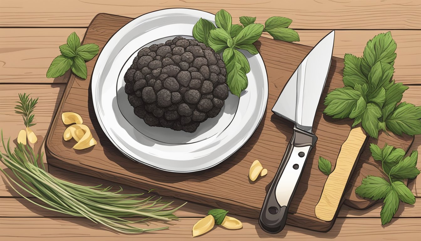 A black truffle sits on a wooden cutting board surrounded by fresh herbs, a knife, and a plate of pasta