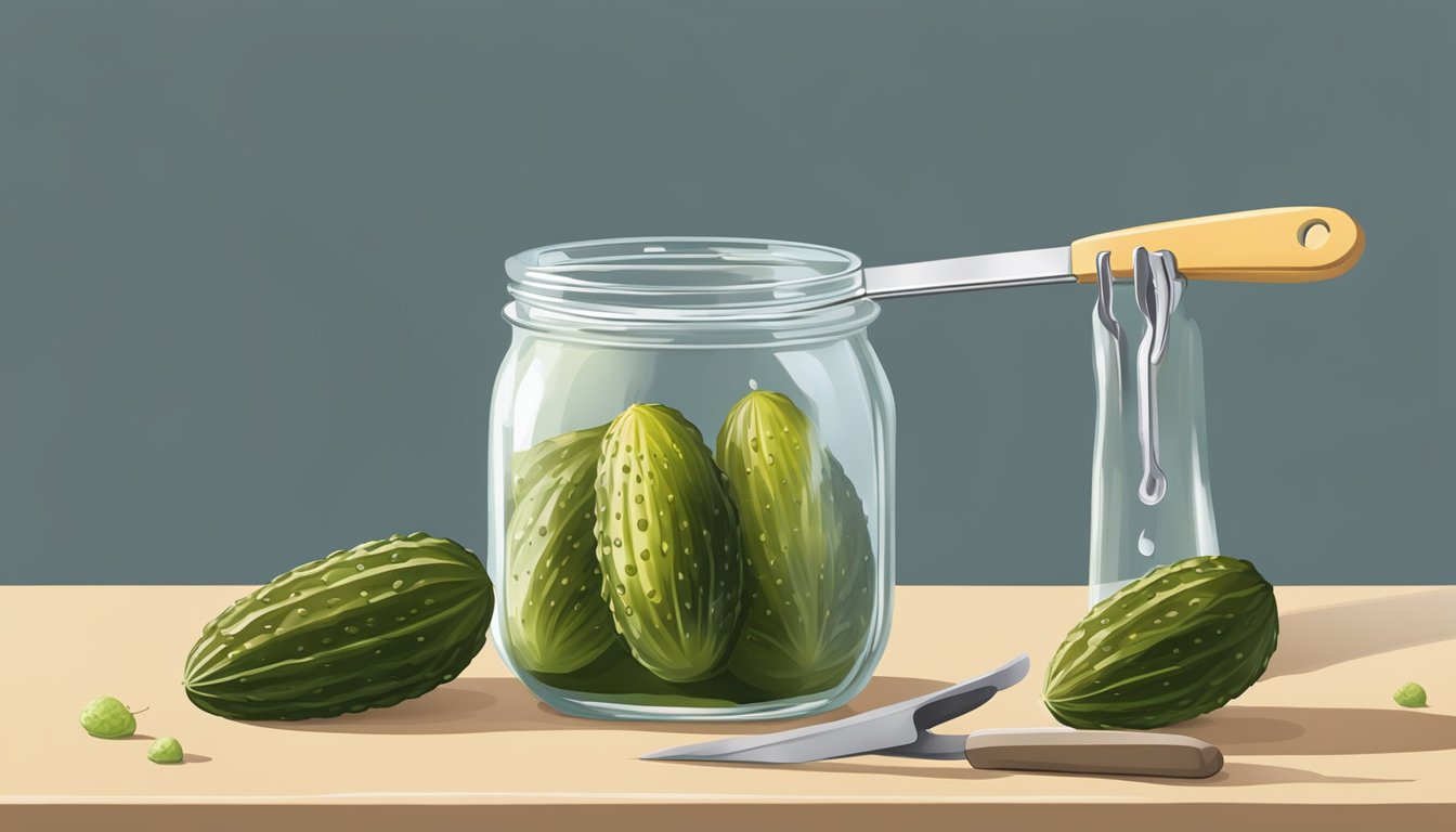 A small gherkin being lifted out of a jar of pickling liquid with a pair of tongs