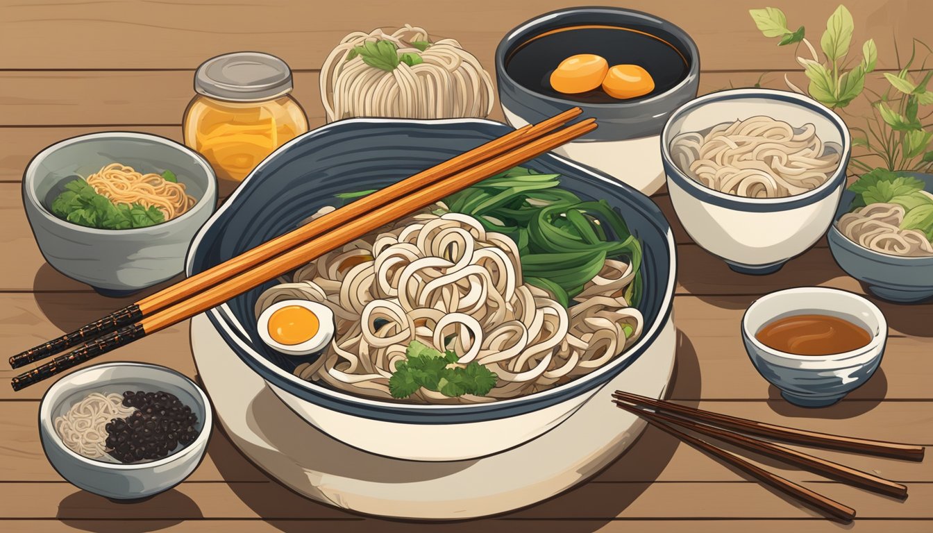 A steaming bowl of udon noodles sits on a wooden table, surrounded by various ingredients and condiments. Chopsticks rest on a small plate beside the bowl