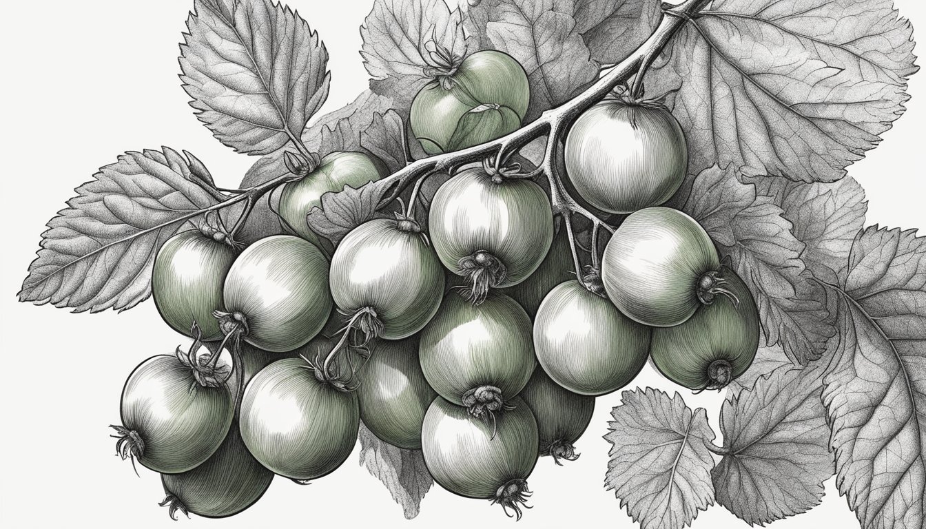 A cluster of ripe gooseberries on a leafy branch, one plucked and held delicately between two fingers, ready to be eaten