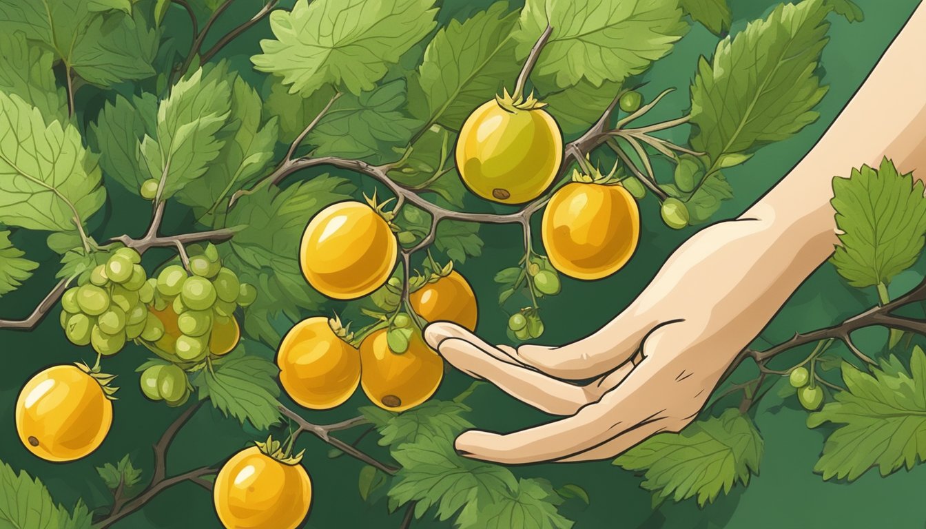 A hand reaching for a ripe gooseberry on a bush, surrounded by green leaves and small thorns