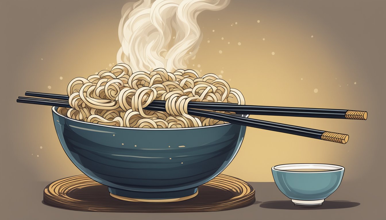 A pair of chopsticks lifts a bundle of udon noodles from a steaming bowl, steam rising in the air